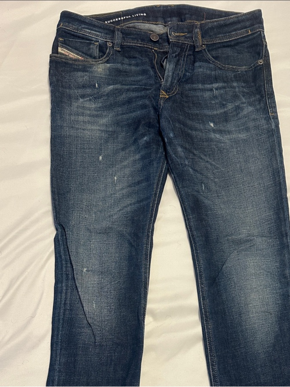 Dark Blue Slim Straight Men's Jeans - Distressed Finish